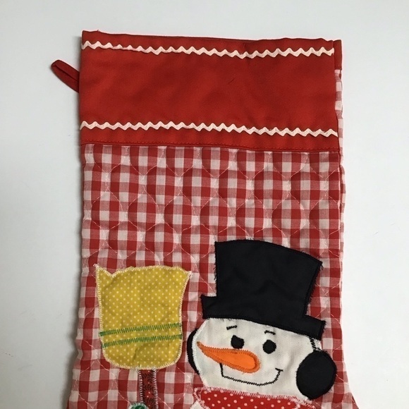 Vintage 80s Snowman Christmas Stocking Quilted Applique Handmade Red Gingham 18” - Picture 3 of 6
